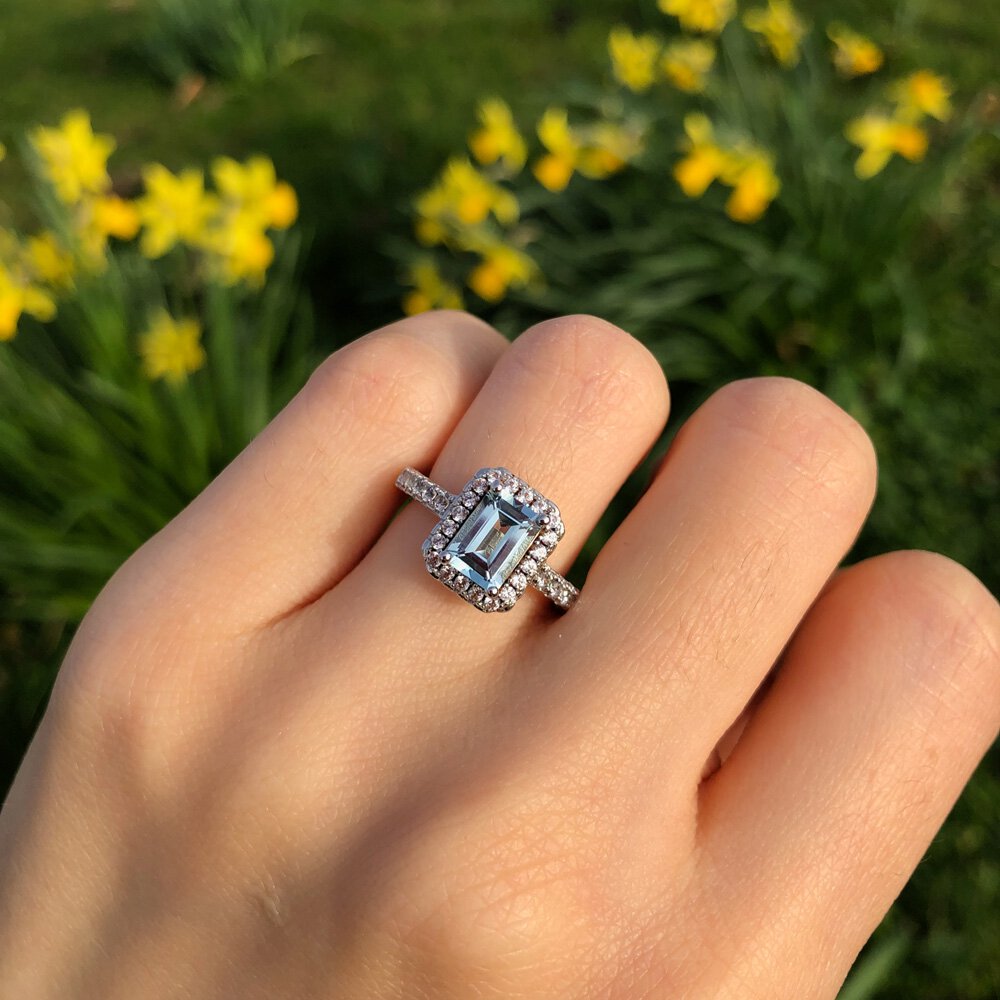 Princess Aquamarine and Diamond Platinum Emerald Cut Halo Engagement Ring #5