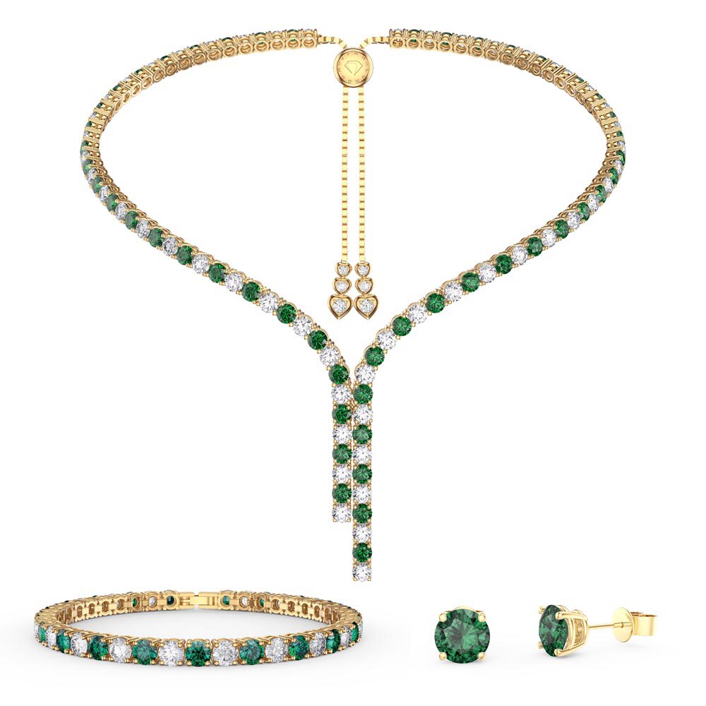Eternity Asymmetric Drop Emerald CZ and Moissanite 18ct Gold Vermeil Jewellery Set