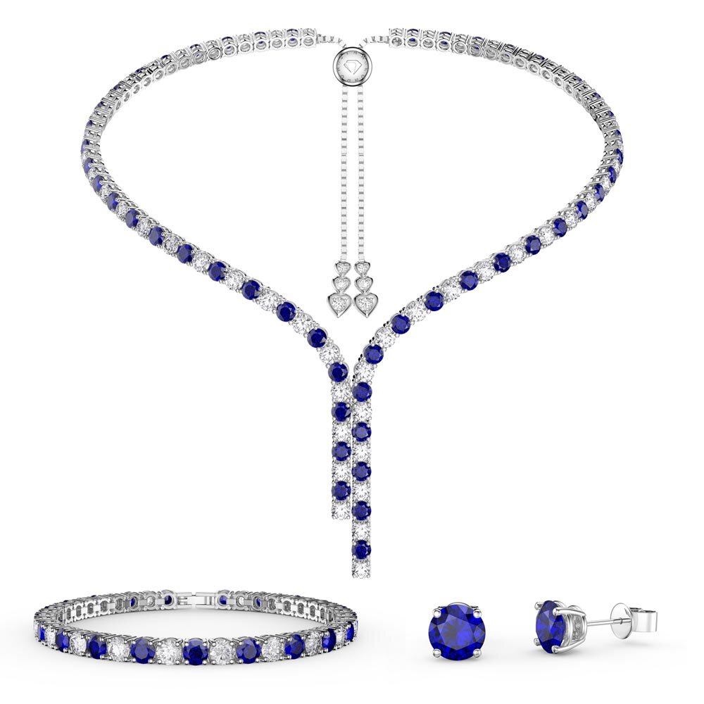 Eternity Asymmetric Drop Sapphire and Moissanite Platinum plated Silver Jewellery Set