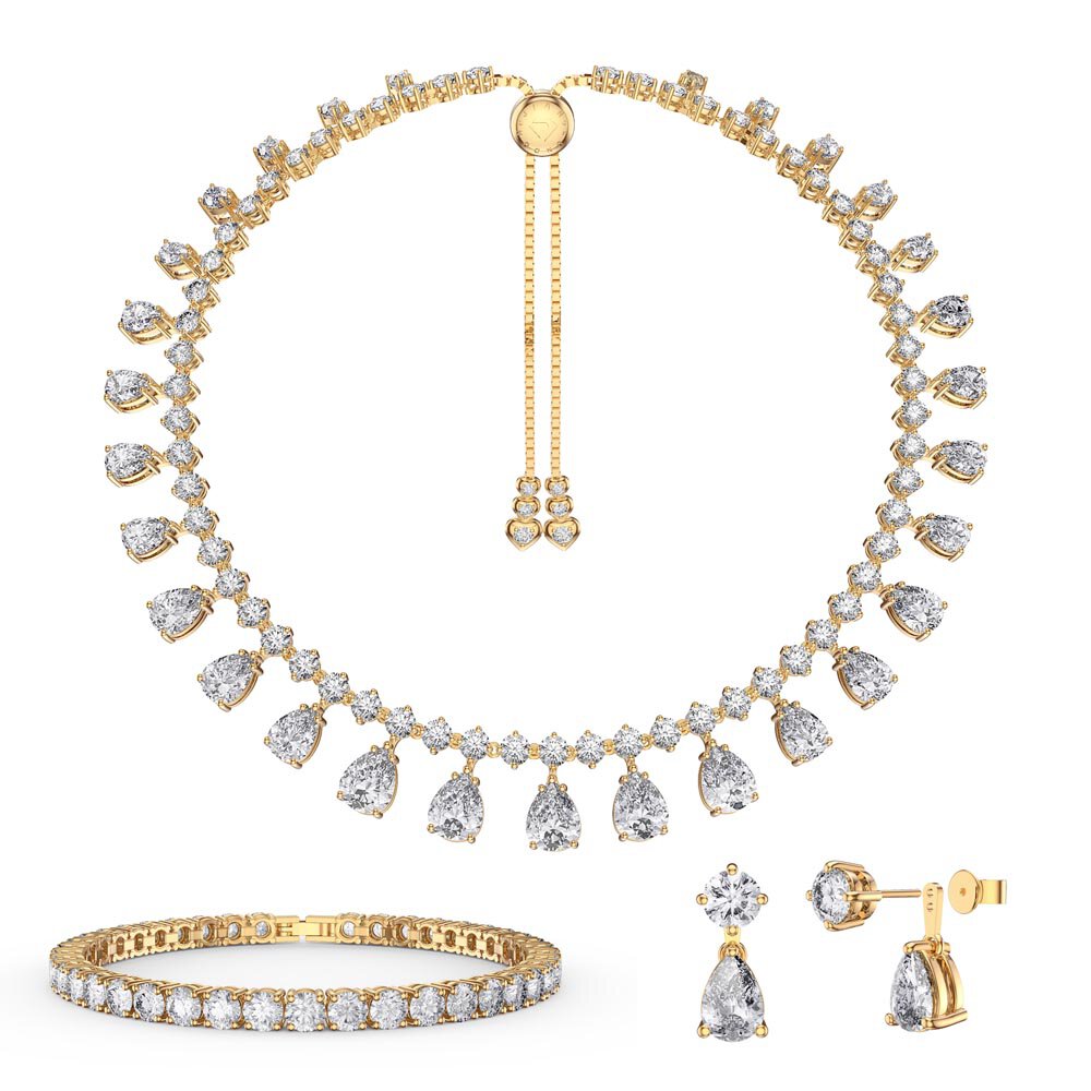 Princess Graduated Pear Drop Diamond CZ 18ct Yellow Gold plated Silver Choker Jewellery Set