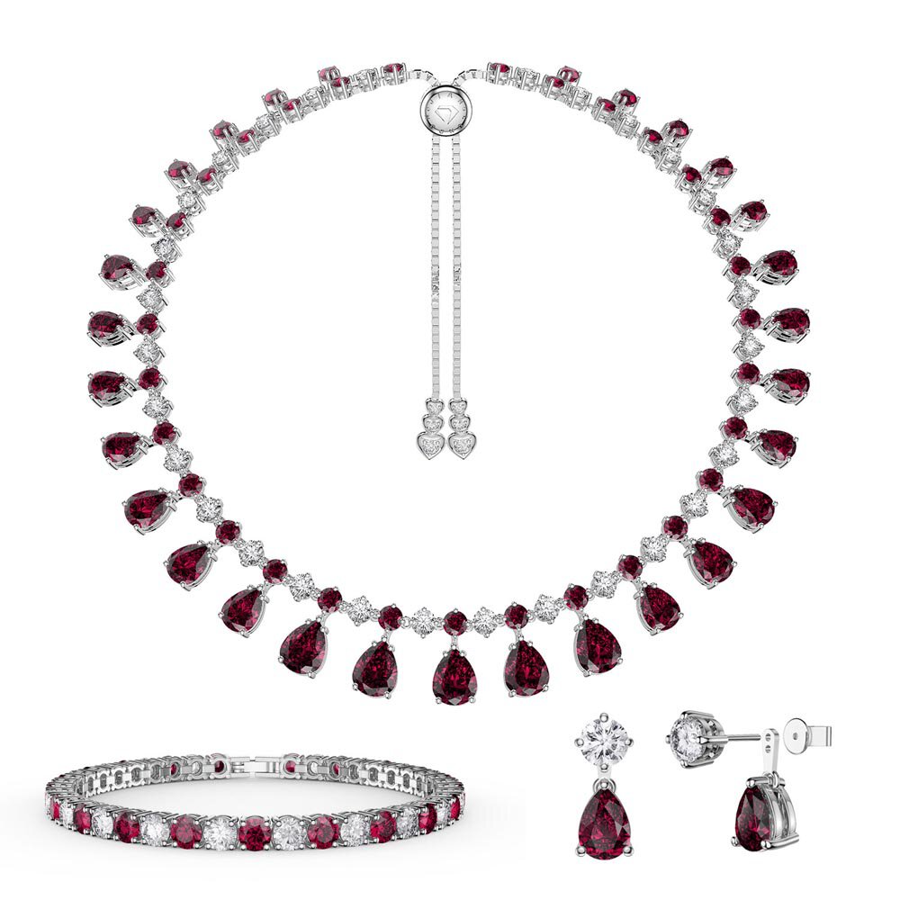 Princess Graduated Pear Drop Ruby Rhodium plated Silver Choker Jewellery Set