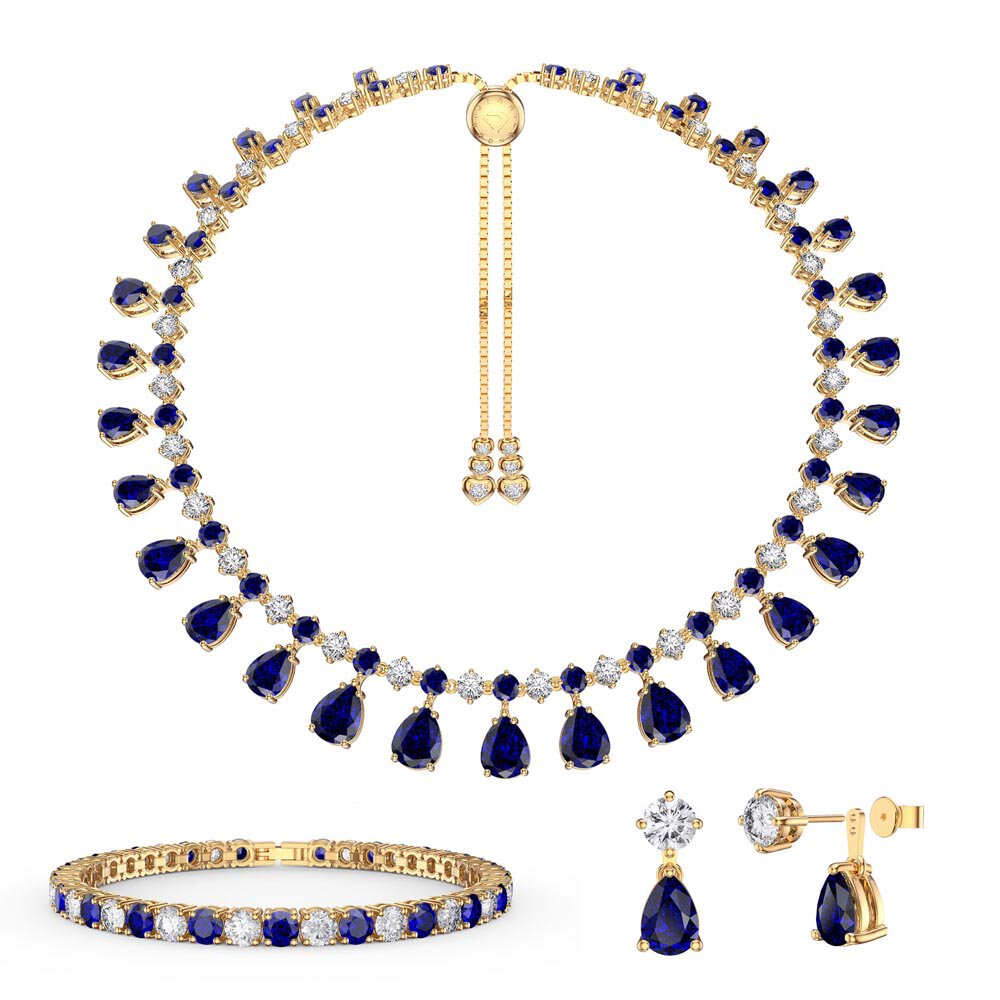 Princess Graduated Pear Drop Blue and White Sapphire 18ct Gold Vermeil Choker Tennis Necklace Jewellery Set