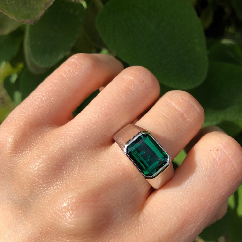 3ct Emerald Emerald cut Platinum Bezel Signet Ring #6