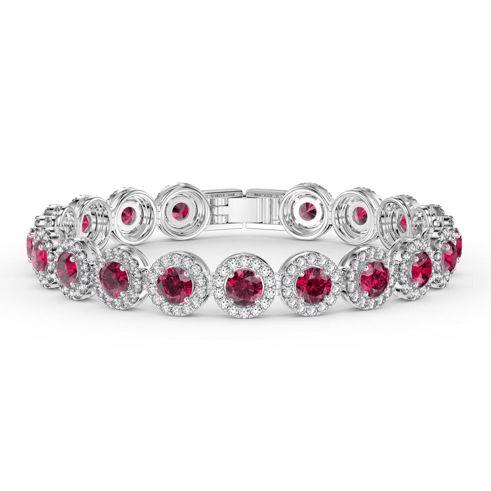 Eternity Ruby Round Halo Platinum plated Silver Tennis Bracelet