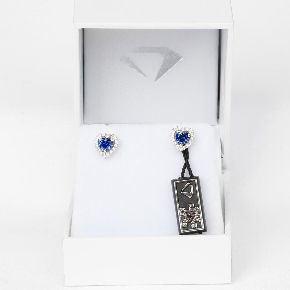 Charmisma Heart Blue Sapphire and Moissanite 18ct White Gold Stud Earrings Halo Jacket Set #5