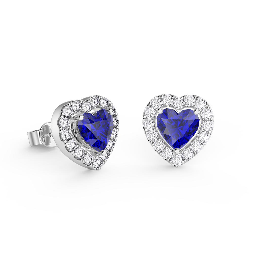 Charmisma Heart Blue Sapphire and Moissanite 18ct White Gold Stud Earrings Halo Jacket Set #2