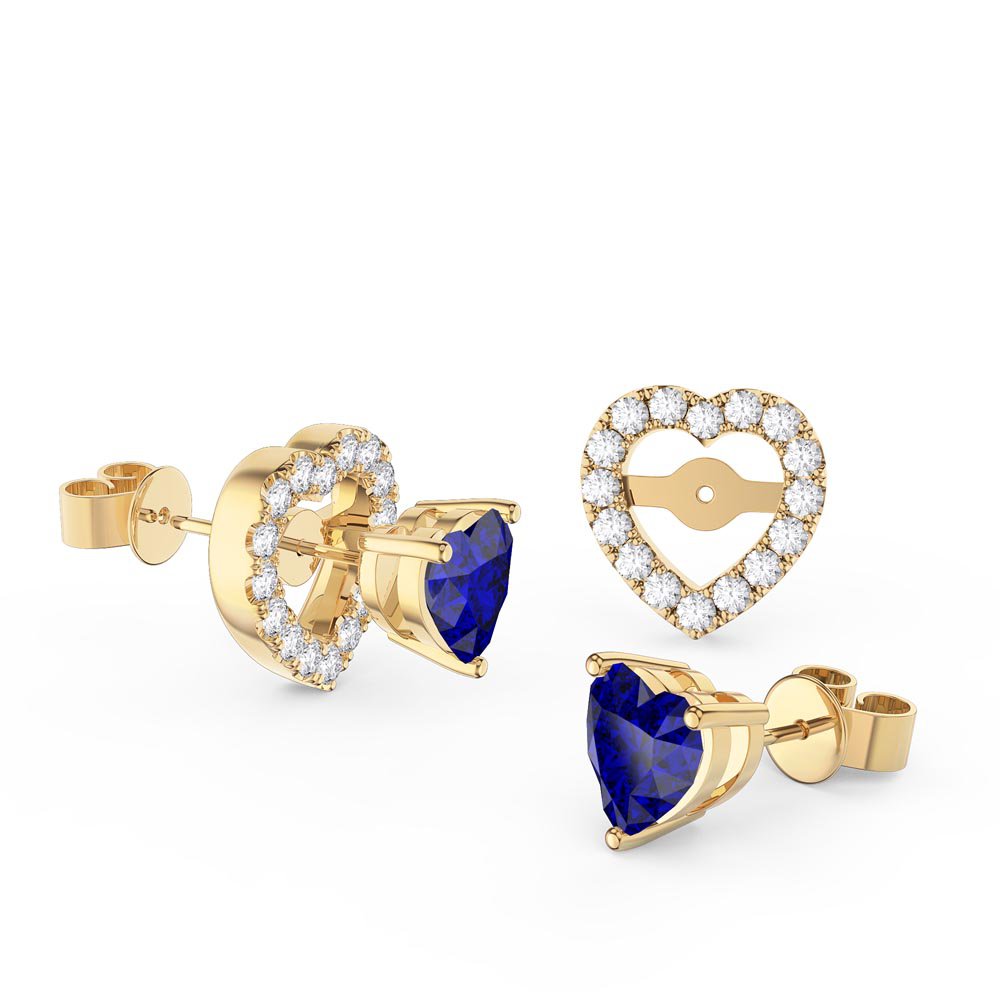 Charmisma Heart Blue Sapphire and Diamond 18ct Yellow Gold Stud Earrings Halo Jacket Set