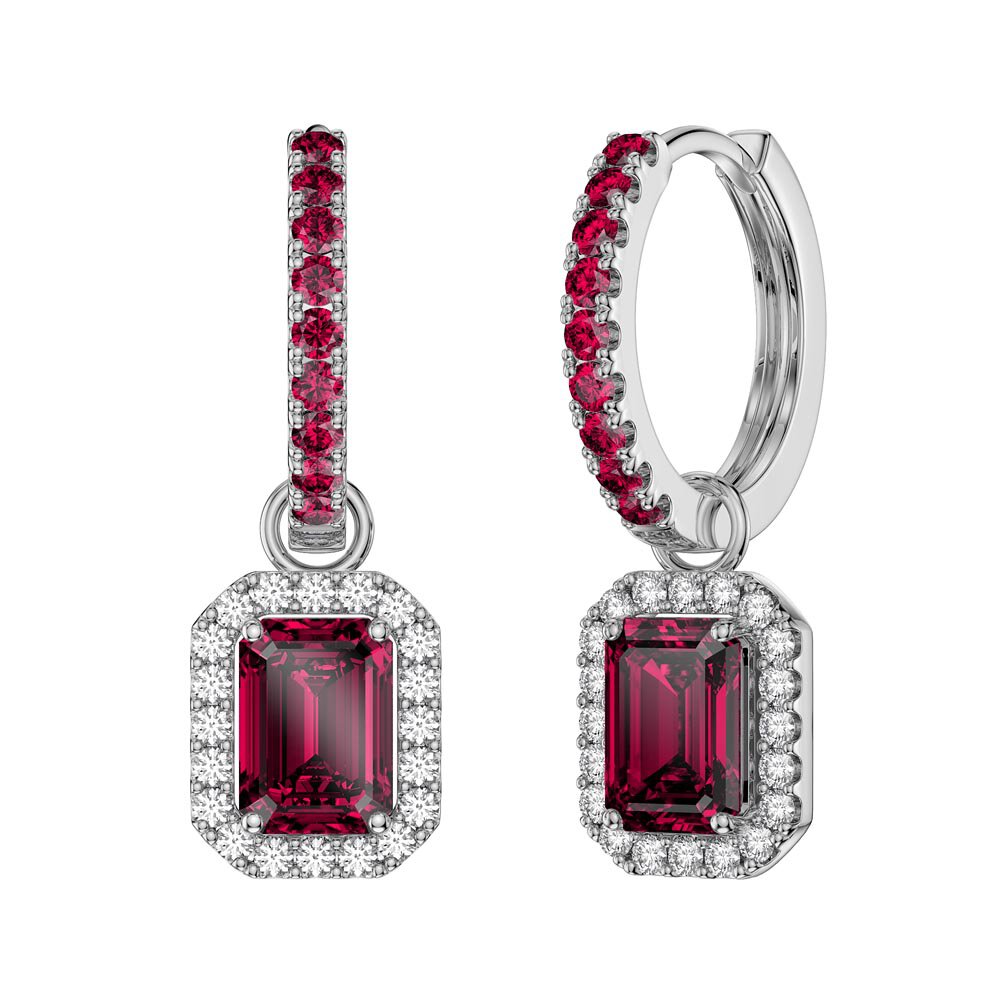 Princess 2ct  Ruby Emerald Cut Halo Platinum plated Silver Interchangeable Ruby Hoop Drop Set