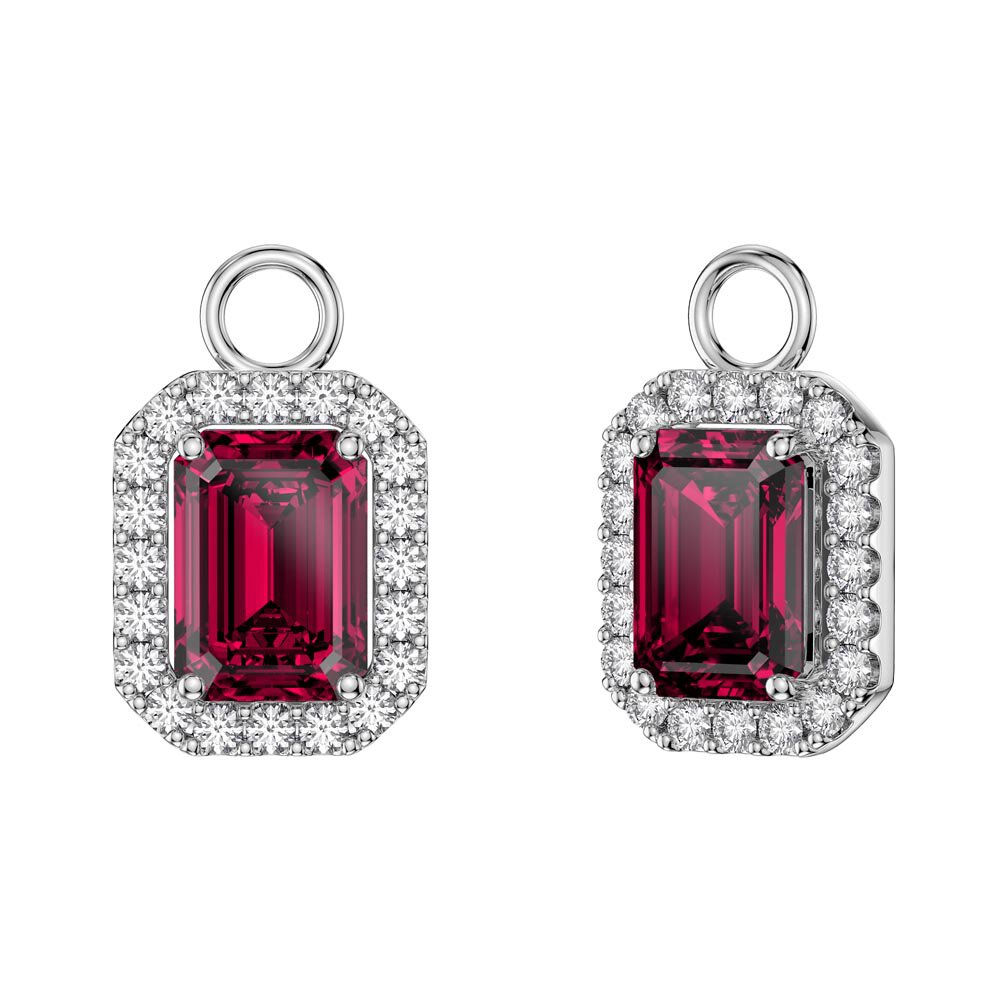 Princess 2ct  Ruby Emerald Cut Halo Platinum plated Silver Interchangeable Ruby Hoop Drop Set #5