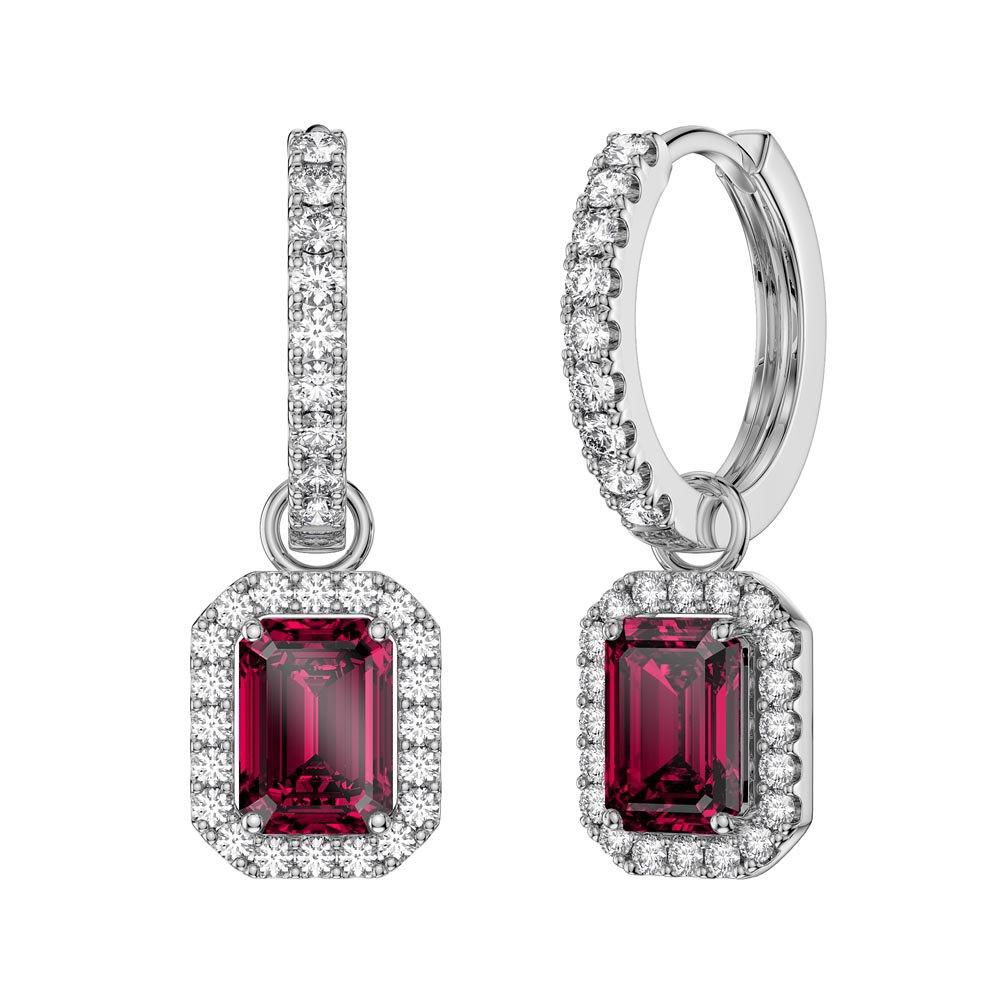 Princess 2ct  Ruby Emerald Cut Halo Platinum plated Silver Interchangeable Ruby Hoop Drop Set #6