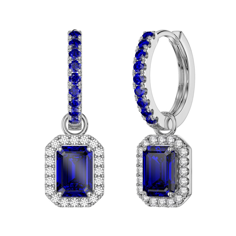 Princess 2ct Sapphire Emerald Cut Halo Platinum plated Silver Interchangeable Earring Drops #6