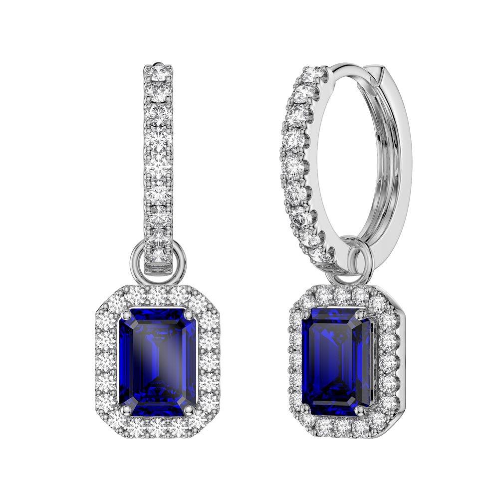 Princess 2ct Sapphire Emerald Cut Halo Platinum plated Silver Interchangeable Earring Drops #5