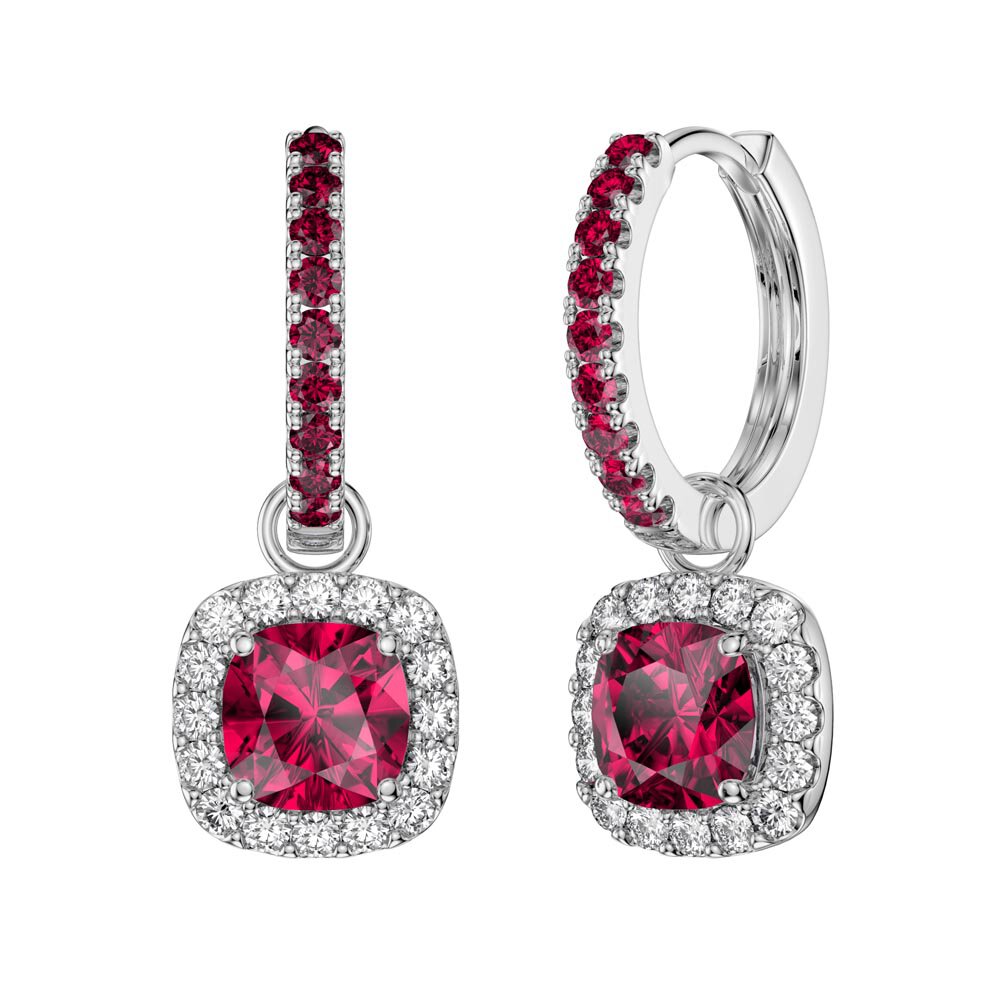 Princess 2ct  Ruby Cushion Cut Halo Platinum plated Silver Interchangeable Earring Drops #6