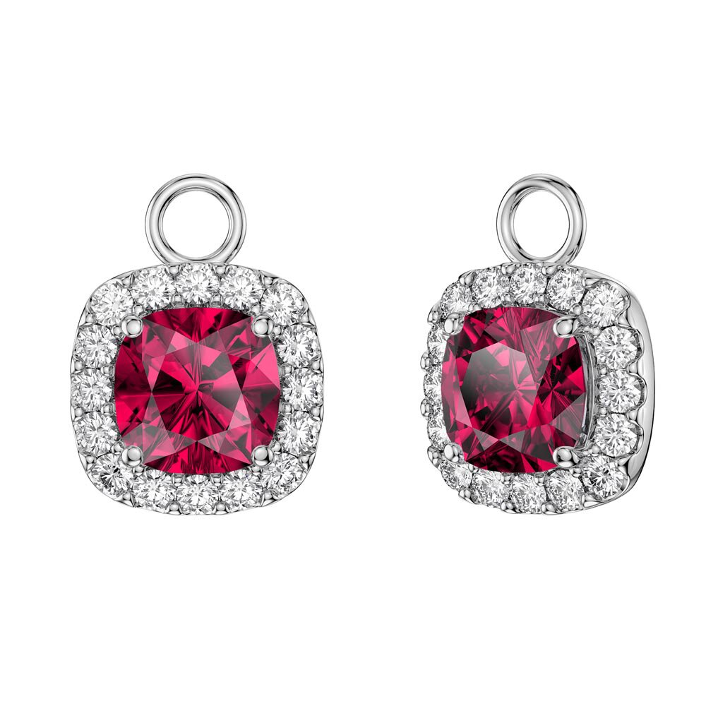 Princess 2ct  Ruby Cushion Cut Halo Platinum plated Silver Interchangeable Ruby Hoop Drop Set #5