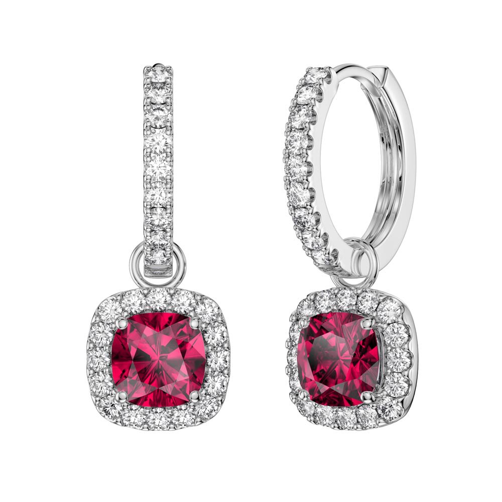 Princess 2ct  Ruby Cushion Cut Halo Platinum plated Silver Interchangeable Ruby Hoop Drop Set #6