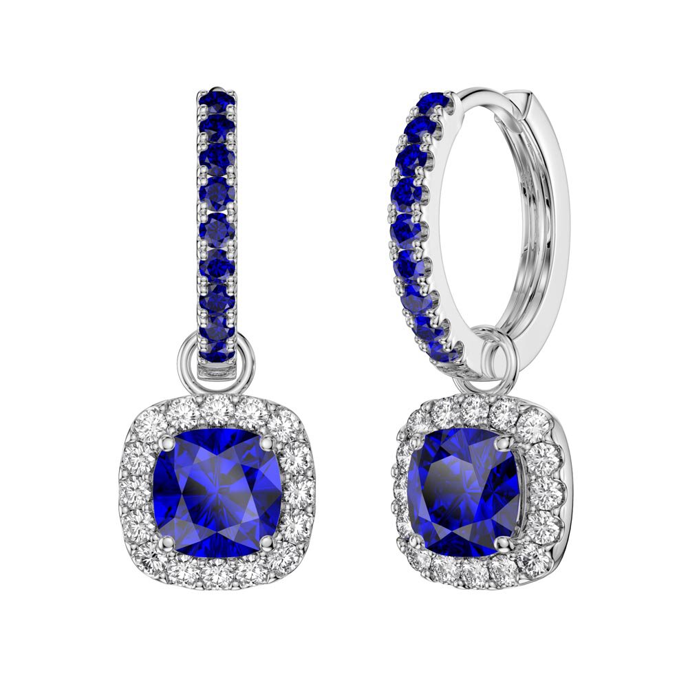 Princess 2ct Sapphire Cushion Cut Halo Platinum plated Silver Interchangeable Earring Drops #6
