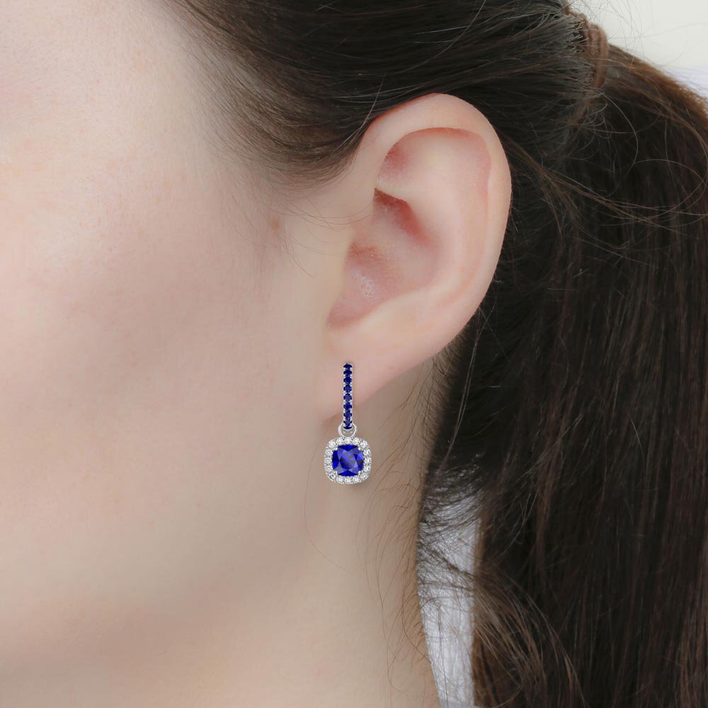 Princess 2ct Sapphire Cushion Cut Halo Platinum plated Silver Interchangeable Earring Drops #7