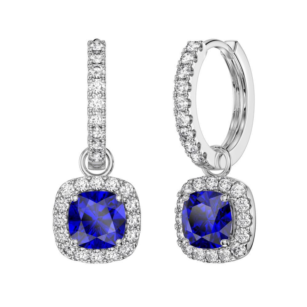 Princess 2ct Sapphire Cushion Cut Halo Platinum plated Silver Interchangeable Earring Drops #5