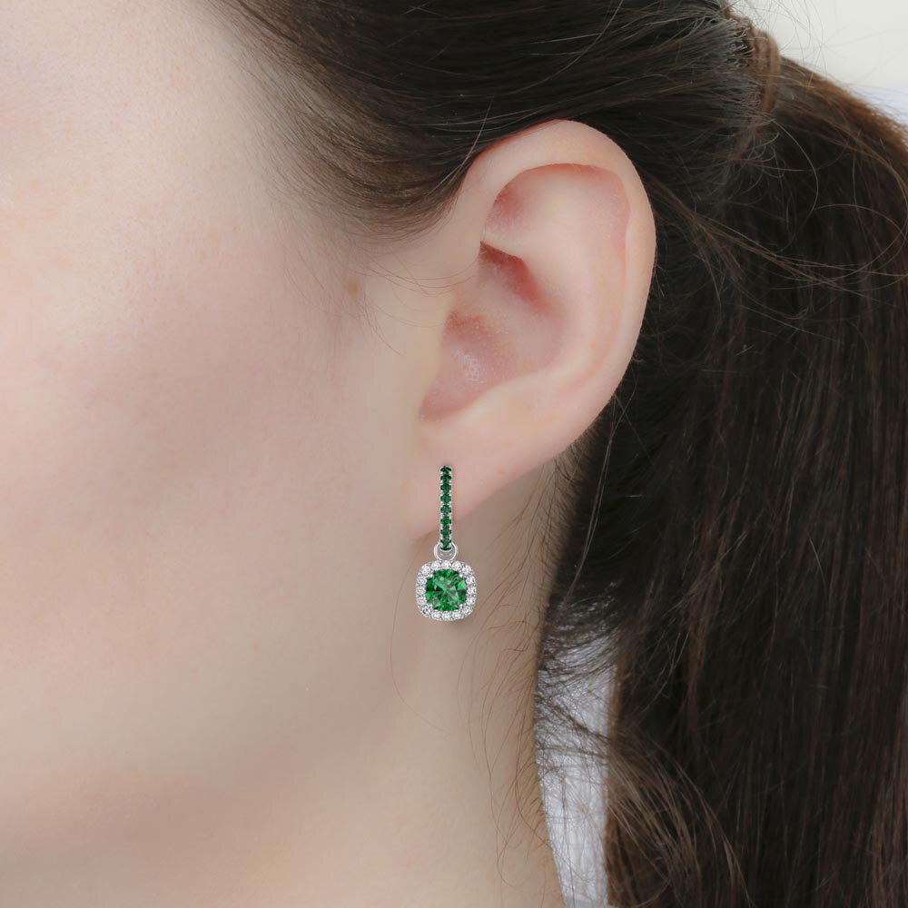 Princess 2ct Emerald Cushion Cut Halo Platinum plated Silver Interchangeable Earring Drops #7