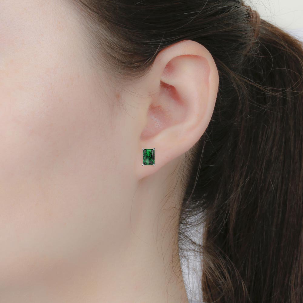 Princess 2ct Emerald Cut Emerald 18ct White Gold Stud Earrings #2