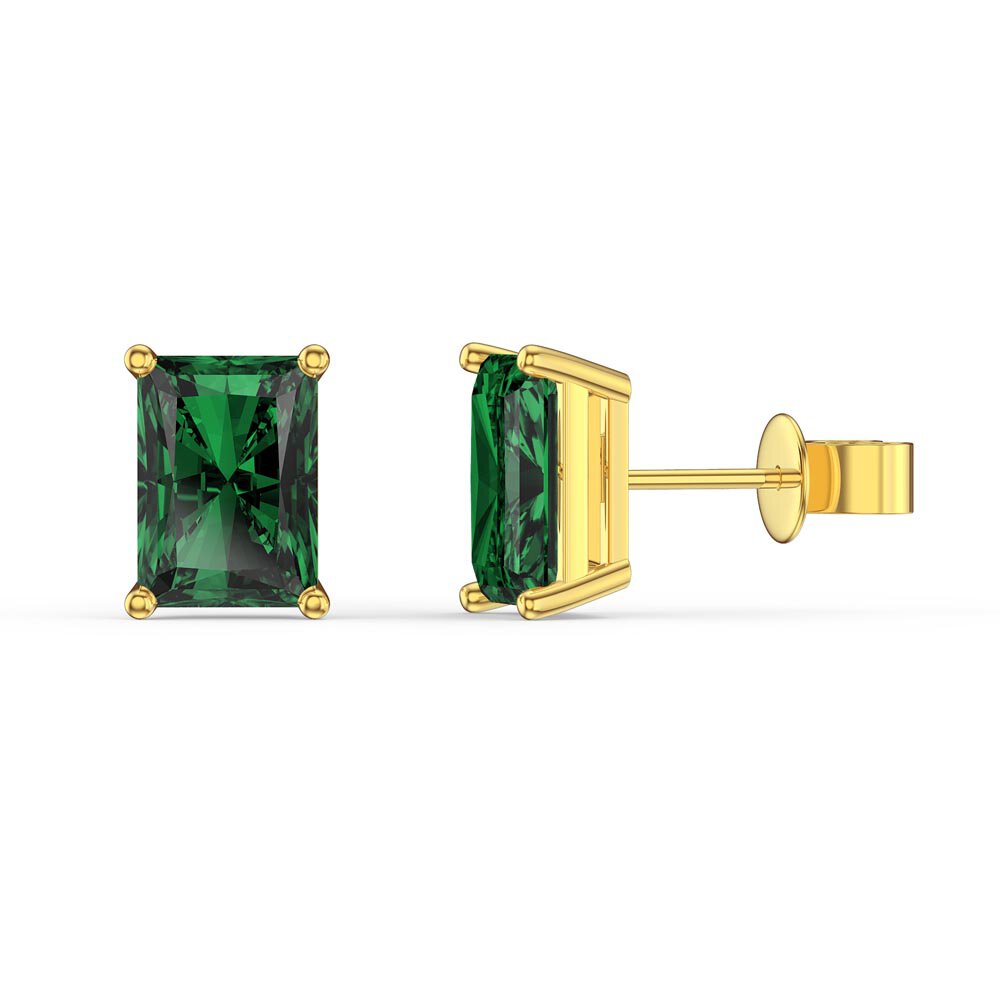 Princess 2ct Emerald Cut Emerald 9ct Yellow Gold Stud Earrings