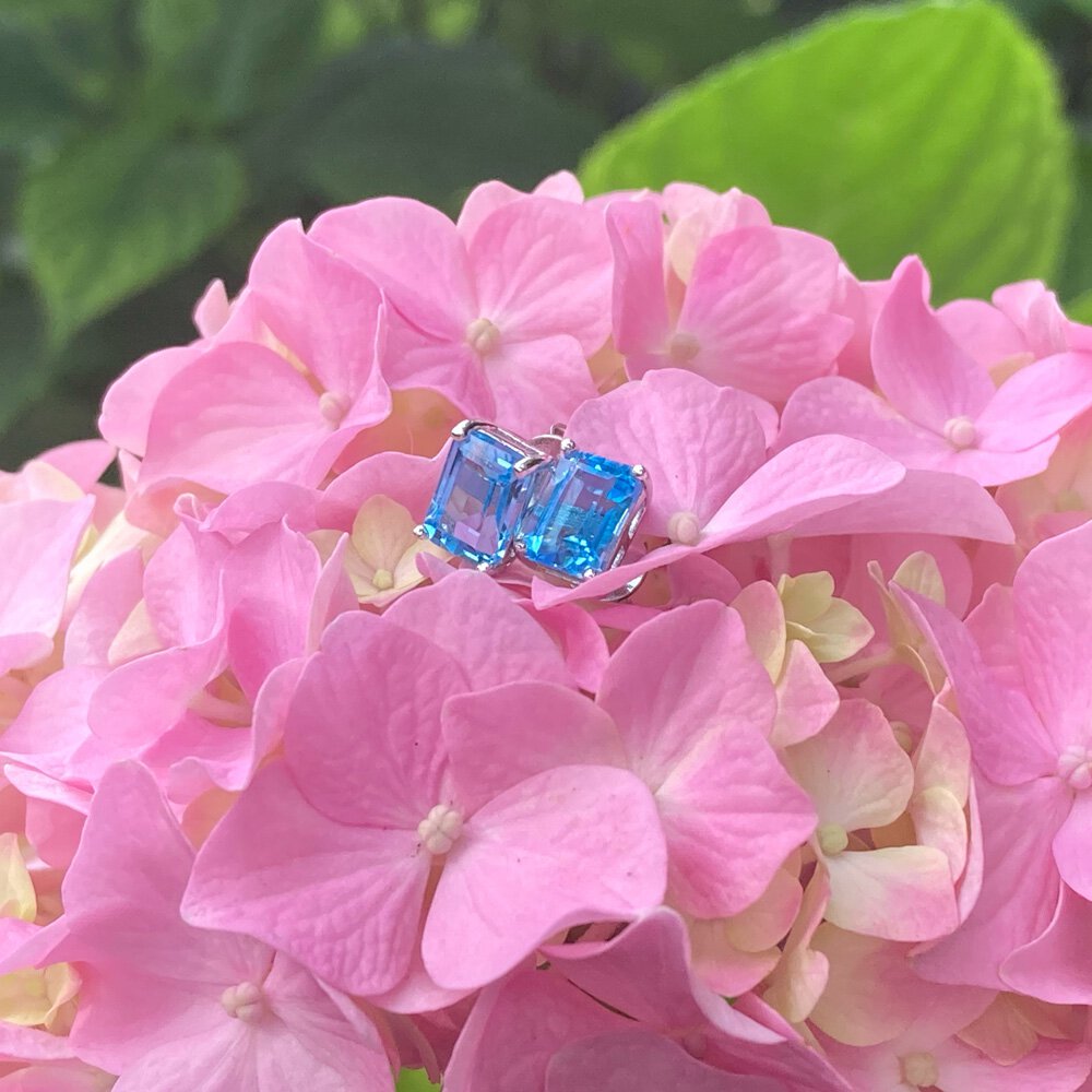 Princess 2ct Emerald Cut Swiss Blue Topaz 18ct Gold Vermeil Stud Earrings #6