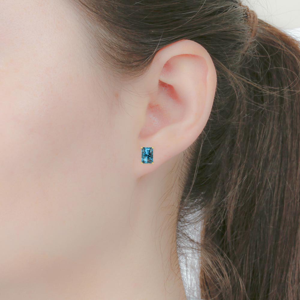Princess 2ct Emerald Cut Swiss Blue Topaz 18ct Gold Vermeil Stud Earrings #2