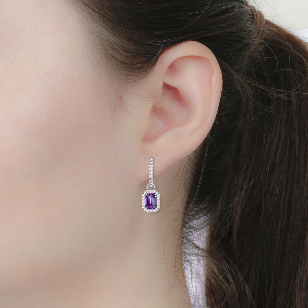Princess 2ct Amethyst Emerald Cut Halo Platinum plated Silver Interchangeable Earring Drops #6