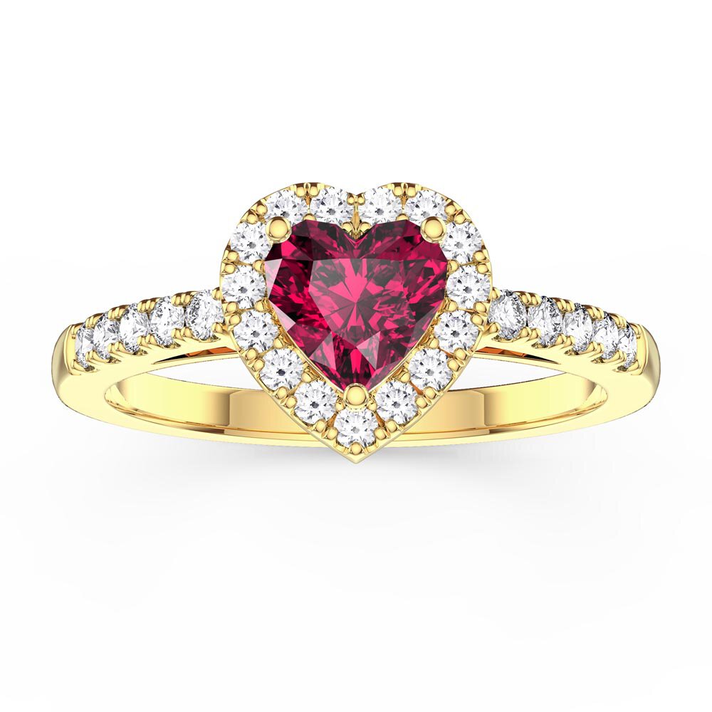 Eternity 1ct Ruby Heart Lab Diamond Halo 9ct Yellow Gold Proposal Ring