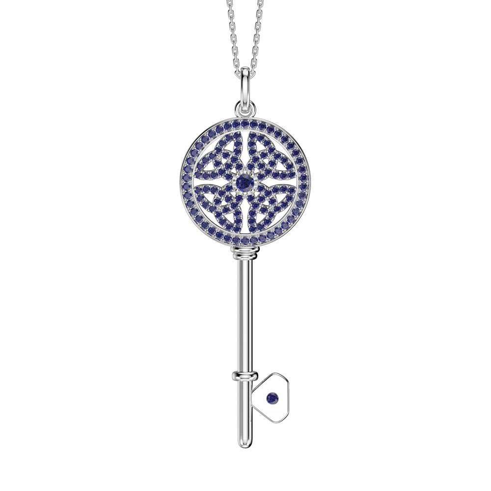 Sapphire Celtic Knot Platinum plated Silver Key Pendant