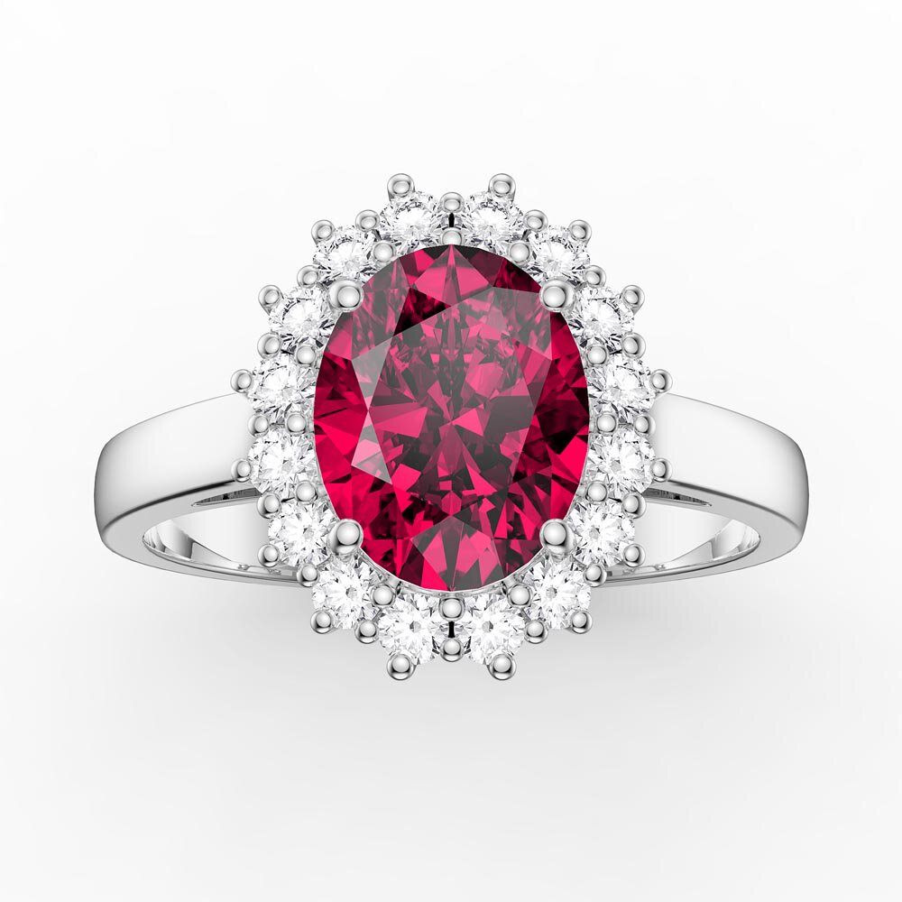 3ct Ruby Oval Lab Grown Diamond Halo 9ct White Gold Proposal Diana Ring