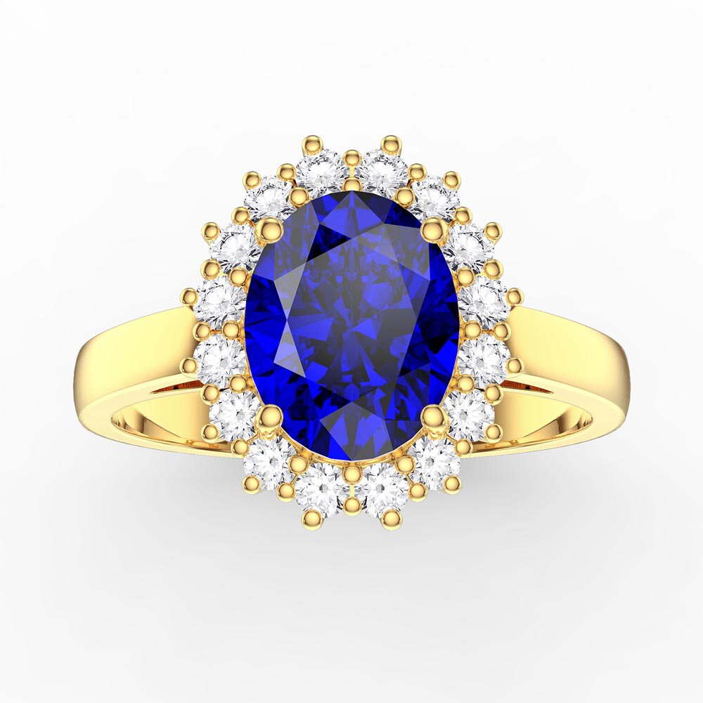 3ct Sapphire Oval Lab Grown Diamond Halo 9ct Yellow Gold Proposal Diana Ring