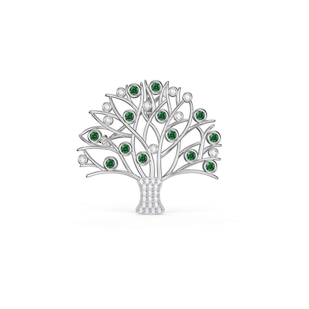 Tree of Life Emerald and Lab Diamond 9ct White Gold Brooch