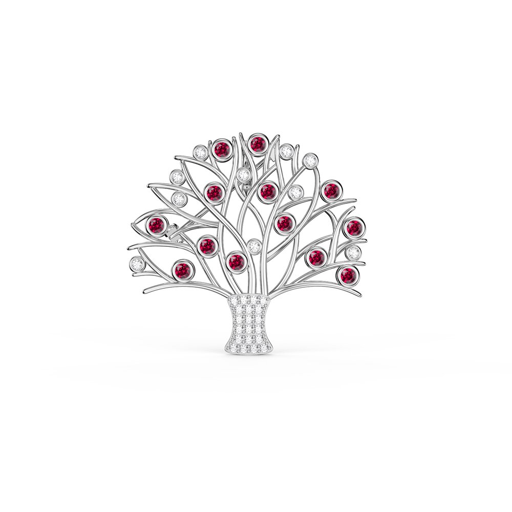 Tree of Life Ruby and Lab Diamond 9ct White Gold Brooch