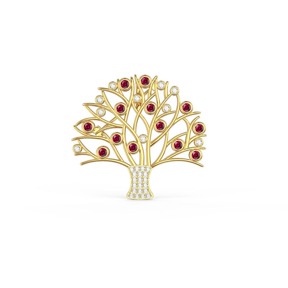 Tree of Life Ruby and Lab Diamond 9ct Yellow Gold Brooch