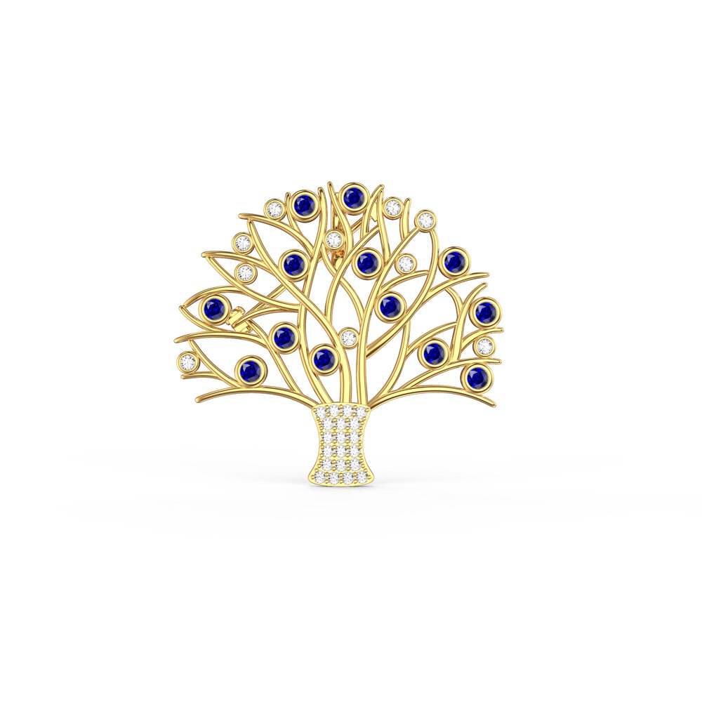 Tree of Life Sapphire and Lab Diamond 9ct Yellow Gold Brooch