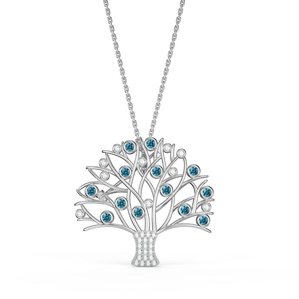 Tree of Life Blue Topaz and Moissanite 9ct White Gold Brooch #3