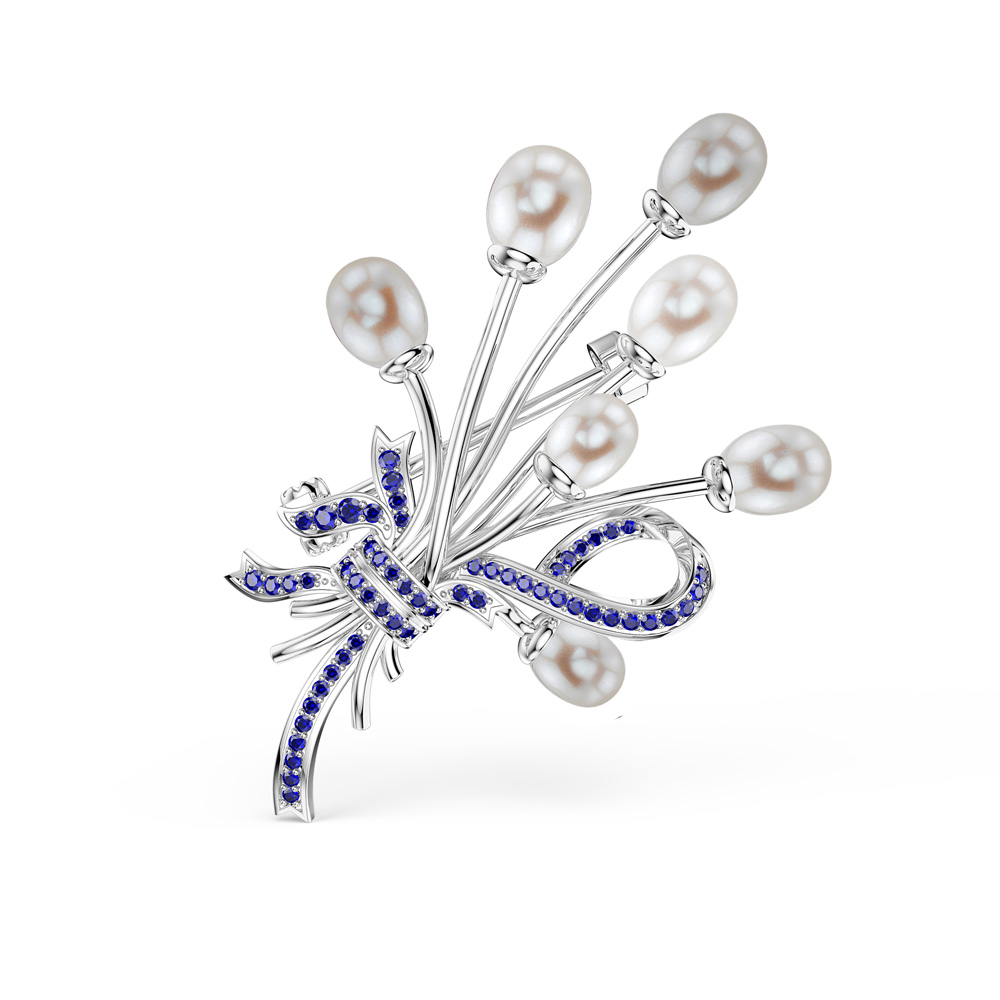 Pearl and Sapphire Platinum plated Silver Brooch