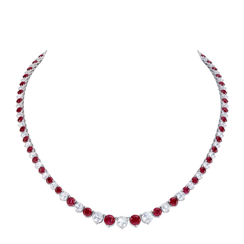 Eternity Ruby and Moissanite Platinum plated Silver Tennis Necklace