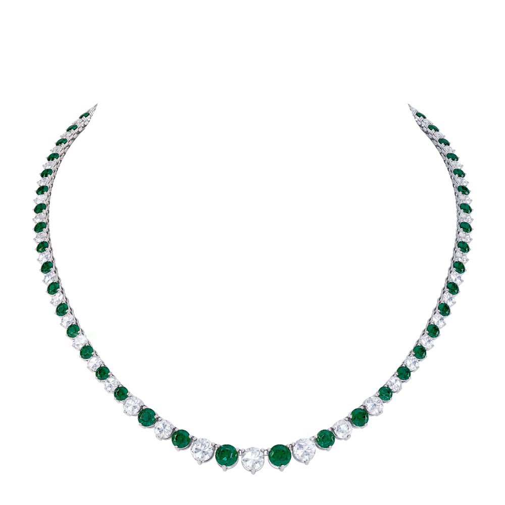Eternity Emerald and Moissanite Platinum plated Silver Tennis Necklace