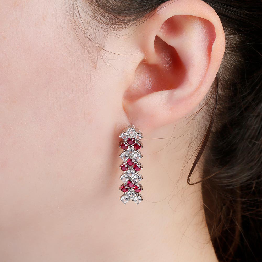 Eternity Three Row Ruby Platinum finished Silver Drop Earrings #2