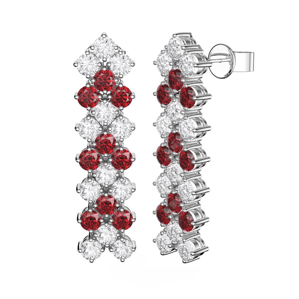 Eternity Three Row Ruby Platinum finished Silver Drop Earrings