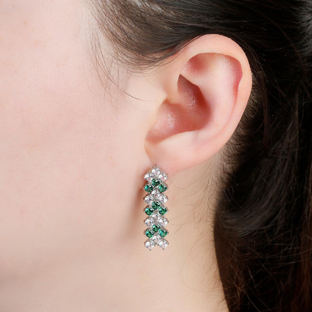 Eternity Three Row Emerald and Moissanite Platinum finished Silver Drop Earrings #2
