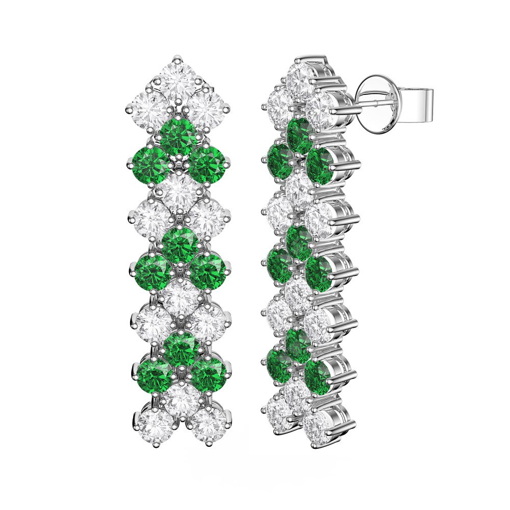 Eternity Three Row Emerald Platinum finished Silver Drop Earrings