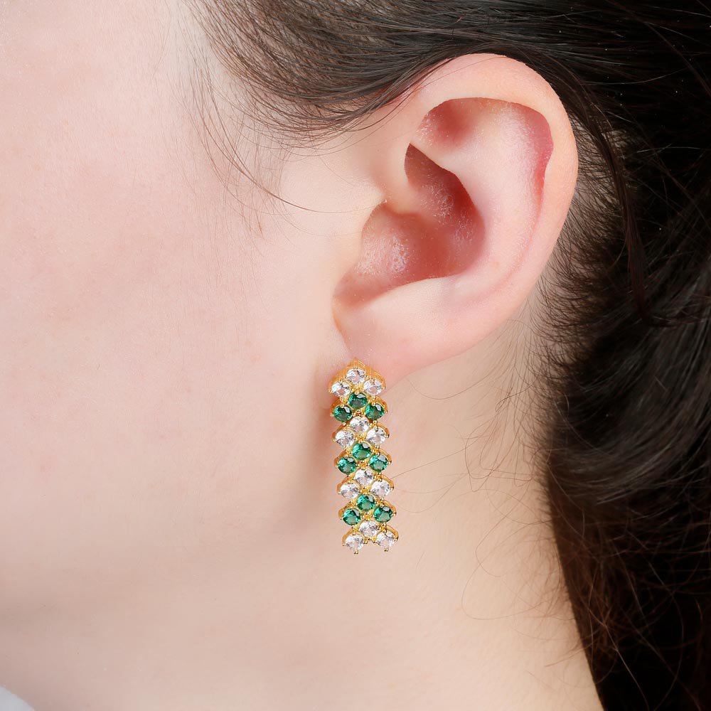 Eternity Three Row Emerald and Diamond CZ 18ct Gold plated Silver Drop Earrings #2