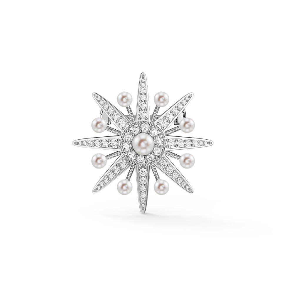 Starburst Pearl and Moissanite Platinum plated Silver Brooch