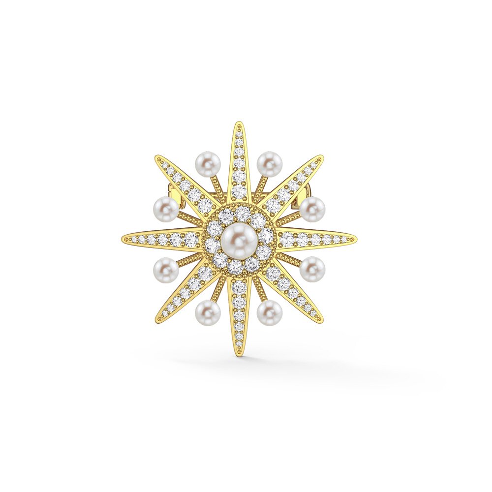 Starburst Pearl and Moissanite 18ct Gold Vermeil Brooch