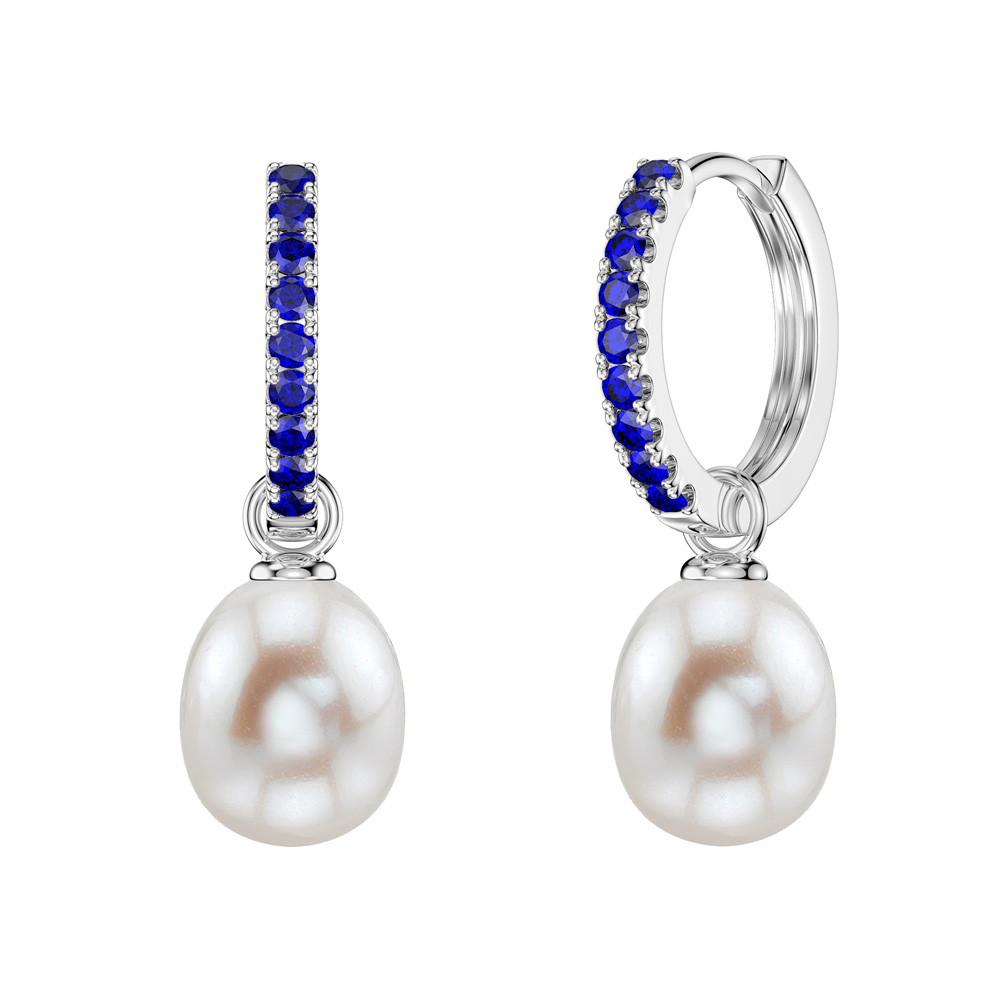 Venus Sapphire Hoop Pearl Drop Platinum plated Silver Earring Set