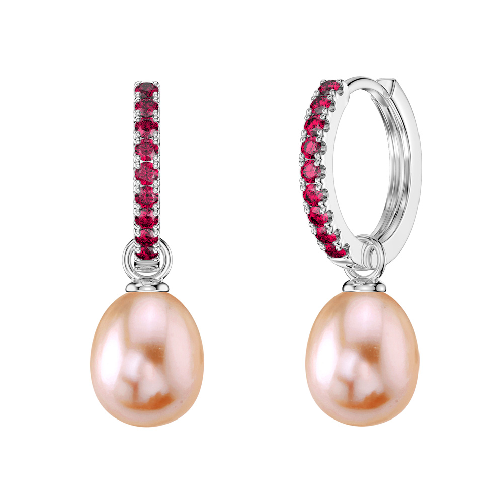 Venus Ruby Hoop Pink Pearl Drop Platinum plated Silver Earring Set