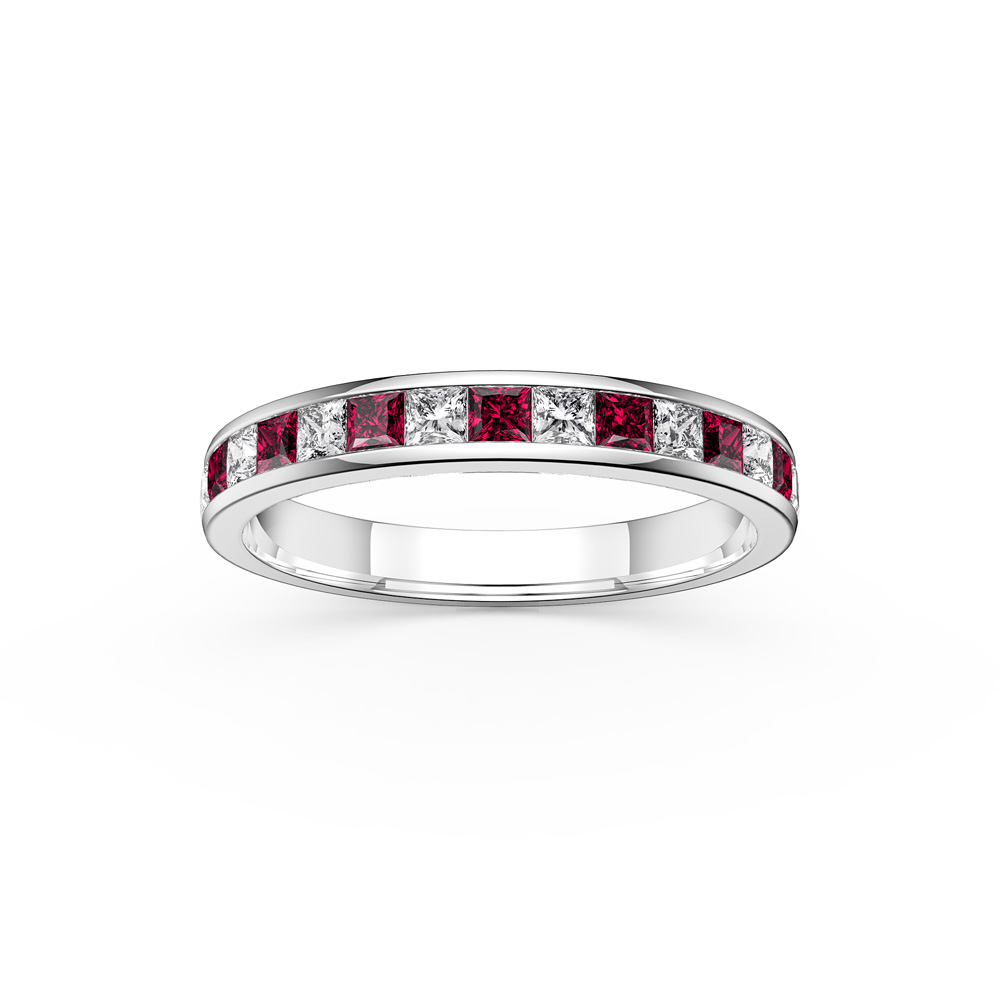 Princess Ruby and Moissanite Platinum plated Silver Half Eternity Ring 3mm Band